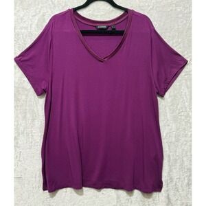 Halston Essentials V Neck T Shirt Top Purple Short Sleeve Casual Womens XL‎